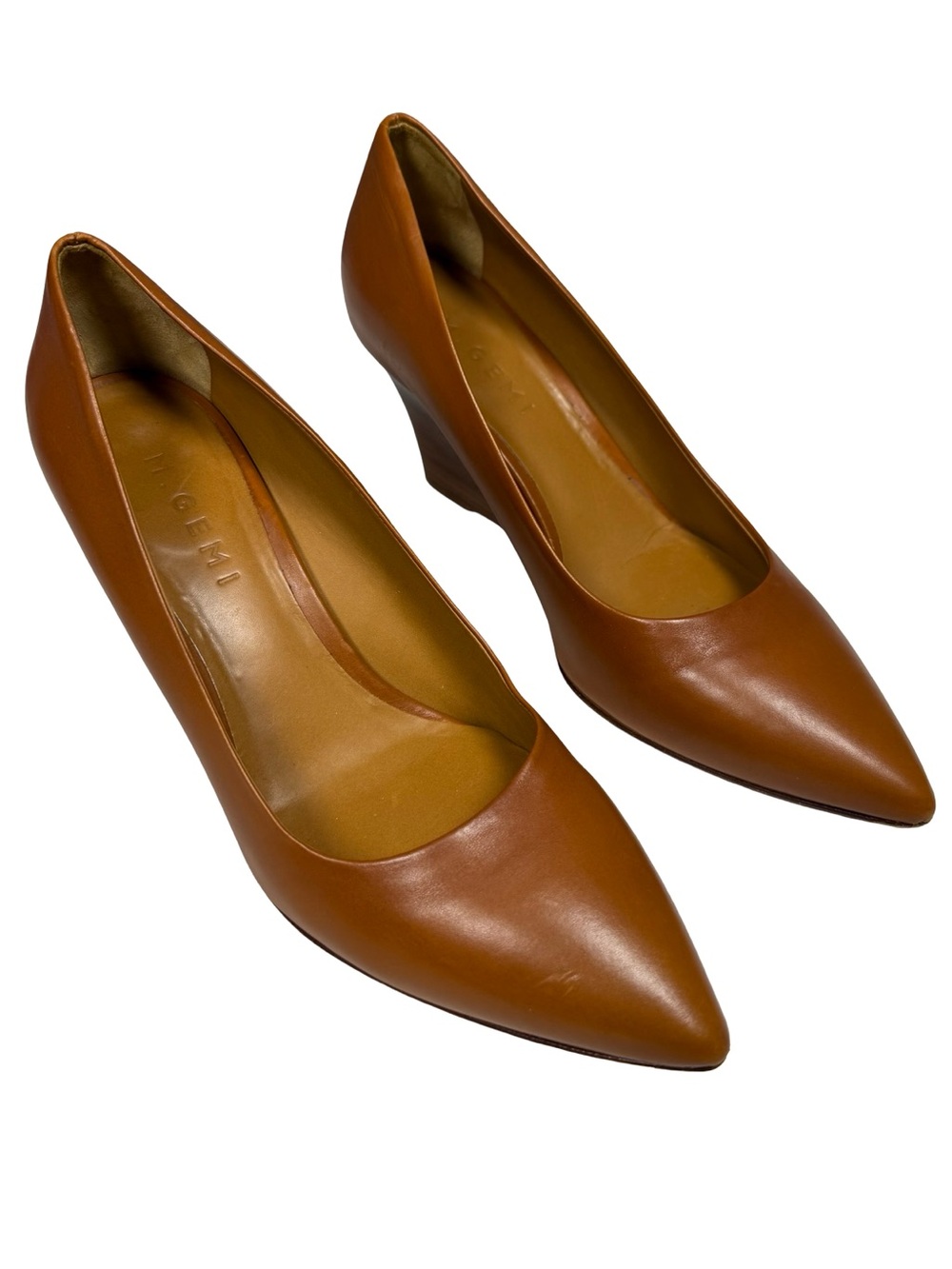 M.Gemi Cognac Brown Leather Pointed Toe Wedge Pumps Heels Italy Sz EU 37 US 7